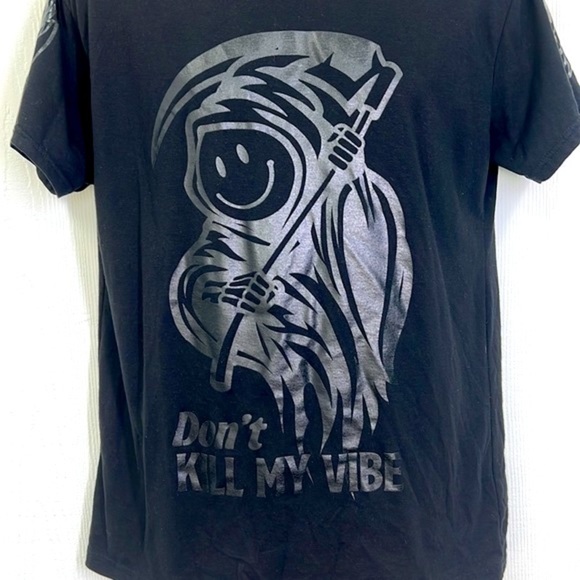 Fresh Laundry - Don’t Kill My Vibe Smiley Grim Reaper Black Short Sleeve T Large - Picture 8 of 12